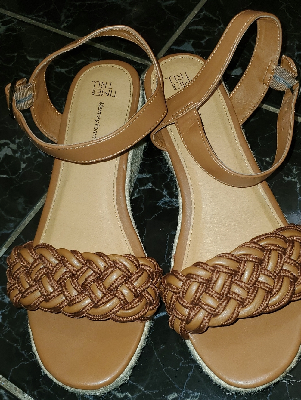 Womens Time and Tru Braided Tan Ankle-Strap Wedge Sandals